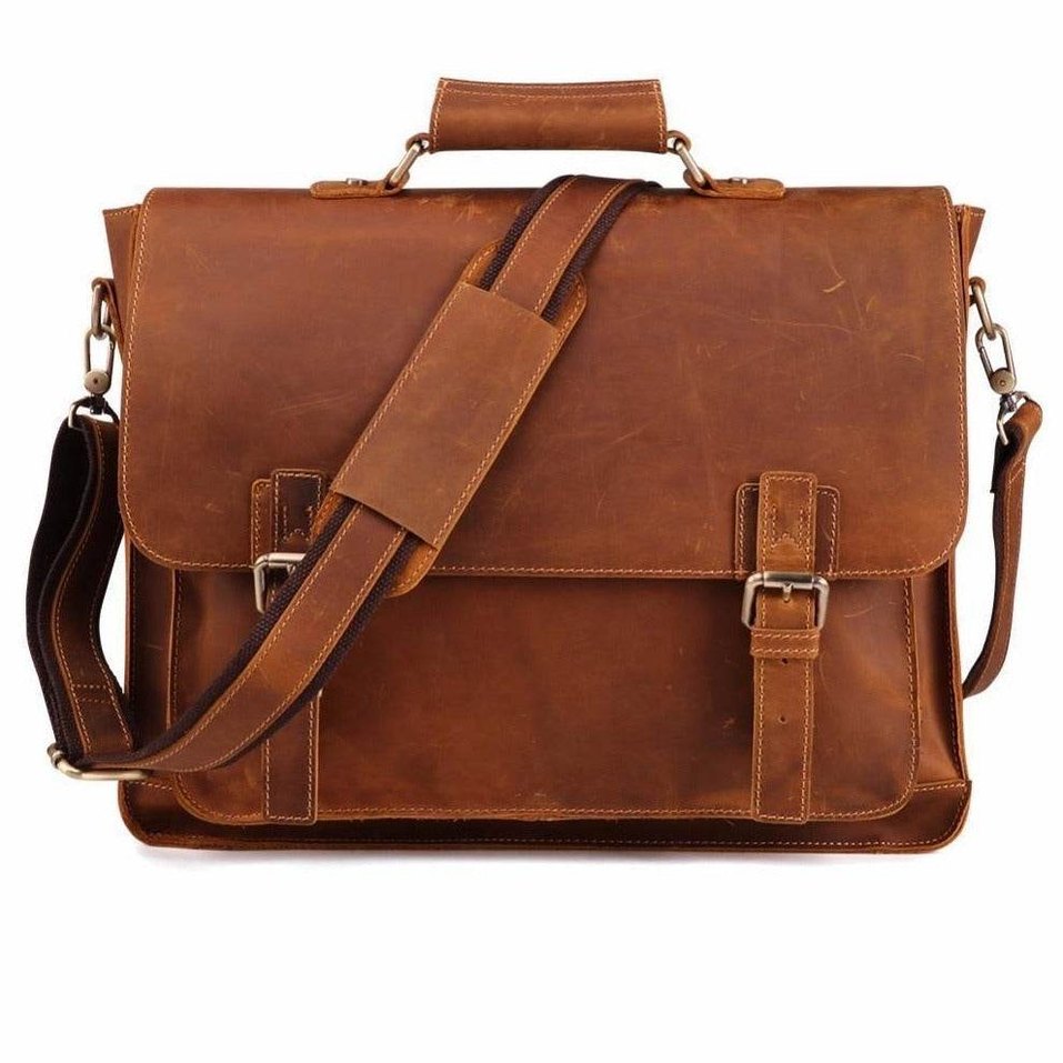 VacationGrabs casual leather briefcase with adjustable shoulder strap and sturdy handles
