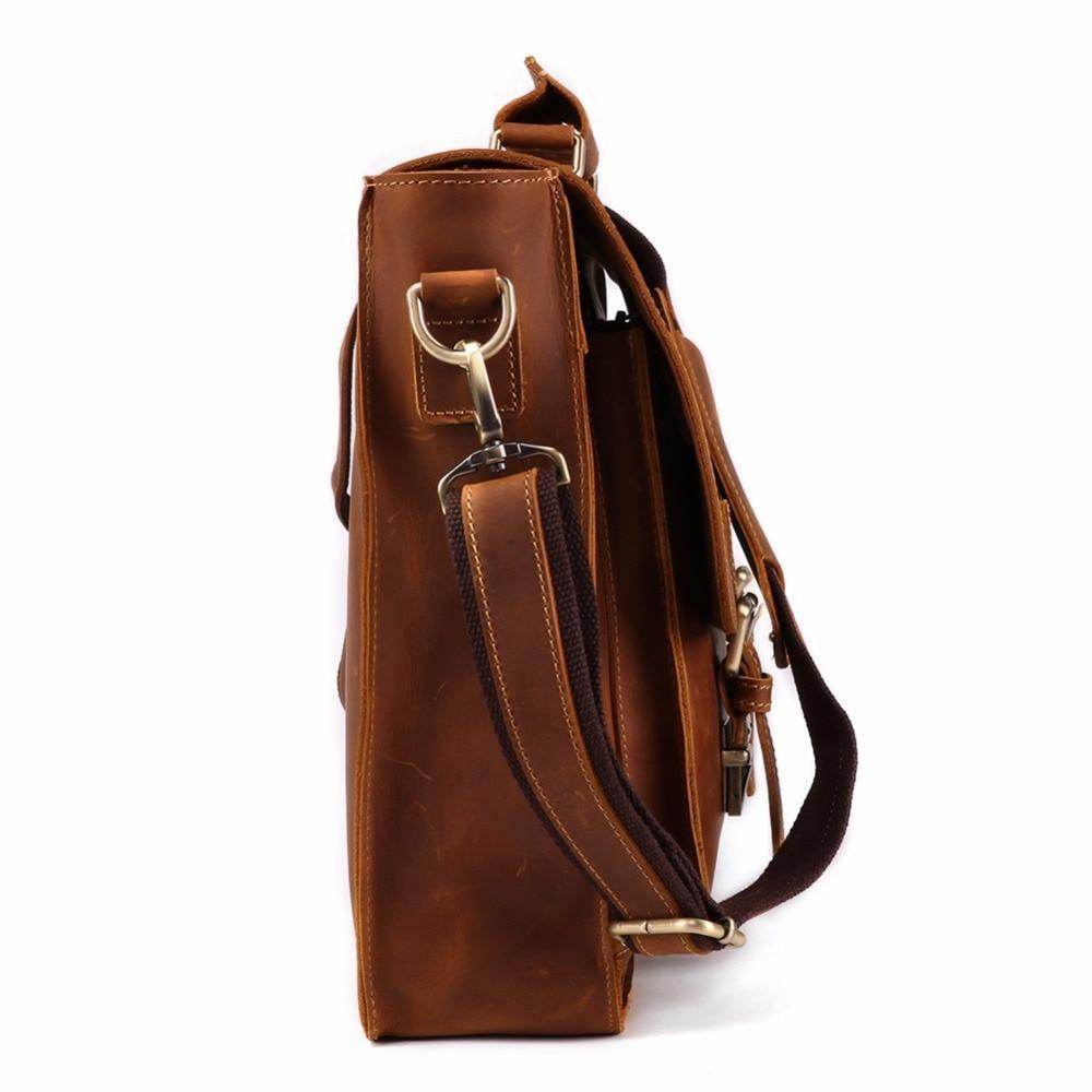 Side view of a casual leather briefcase from VacationGrabs featuring a sturdy shoulder strap