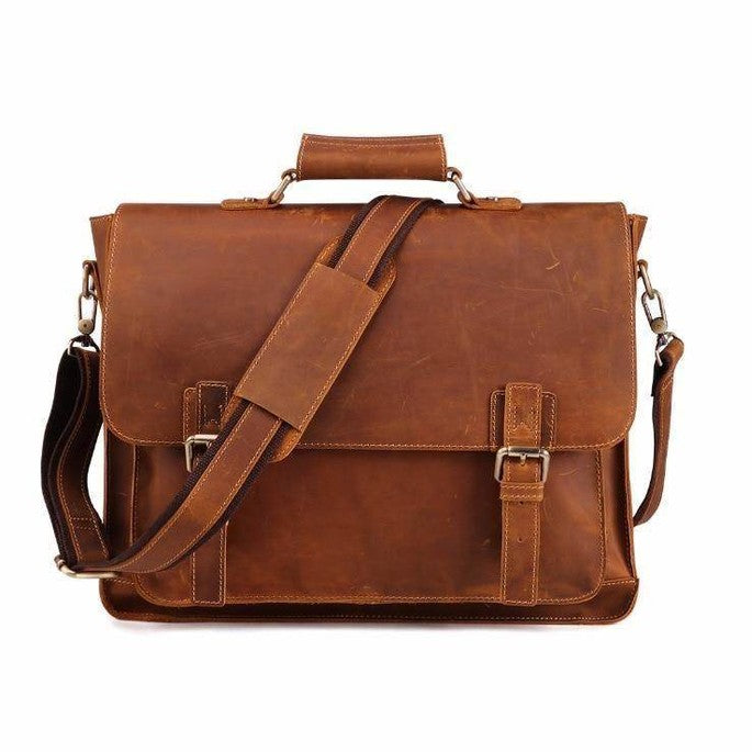 Stylish brown casual leather briefcase with adjustable shoulder strap and front buckles