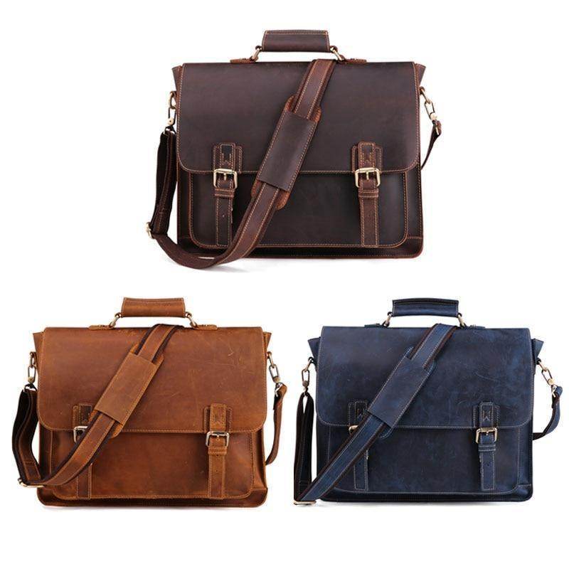 Stylish casual leather briefcase in three colors: brown, tan, and navy with adjustable shoulder strap