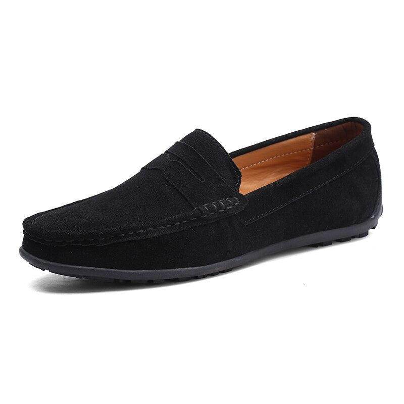 Black casual leather loafers for men, perfect for relaxed outings and everyday wear
