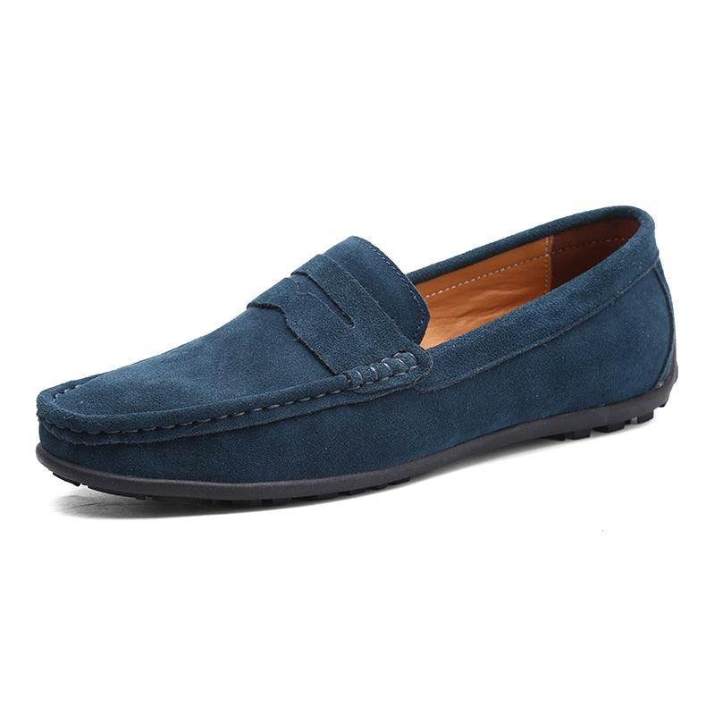 Stylish navy casual leather loafers for men, perfect for laid-back outings and comfortable wear.