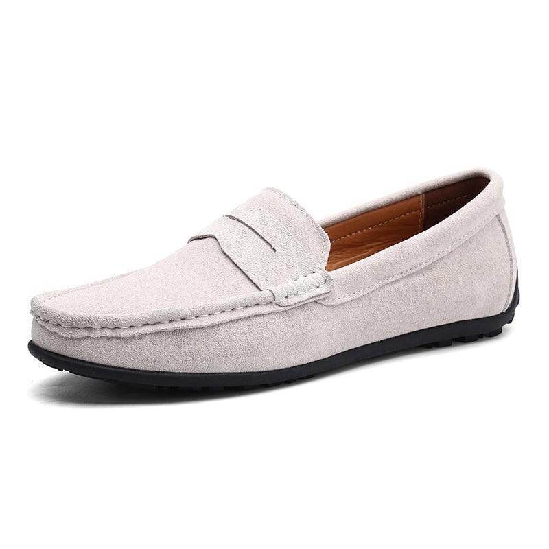 VacationGrabs casual leather loafers in light grey with a sleek design for stylish comfort