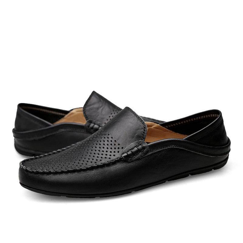VacationGrabs lightweight casual loafers in black with breathable perforated design for comfortable wear