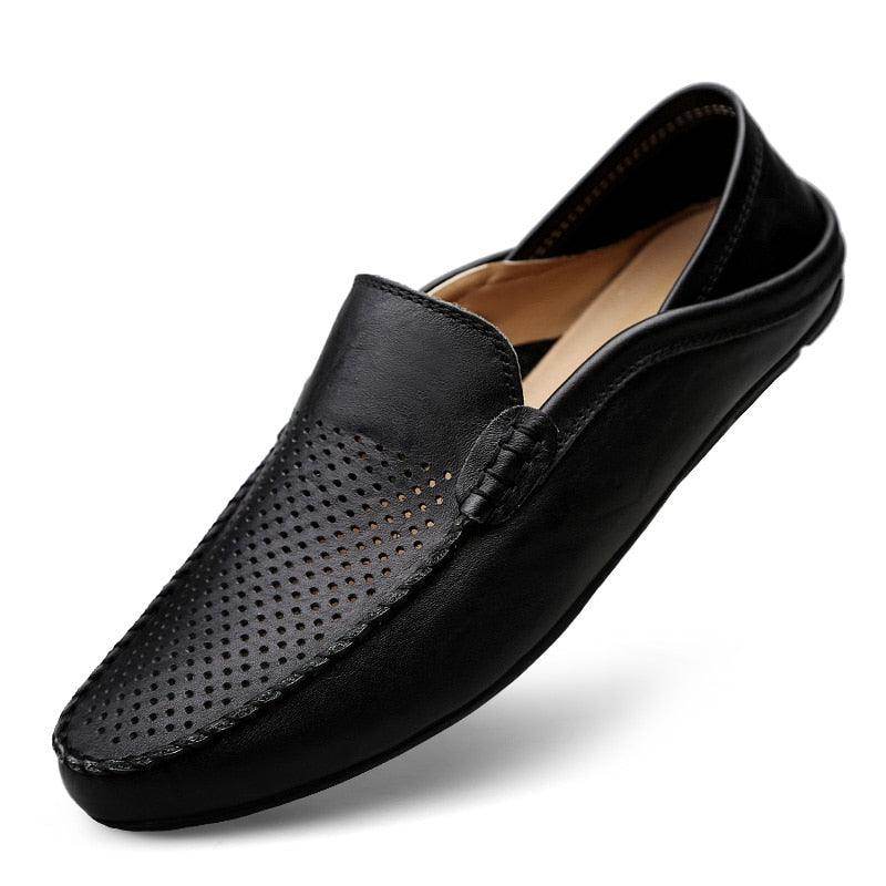 VacationGrabs lightweight casual loafers in black with perforated design for breathable comfort