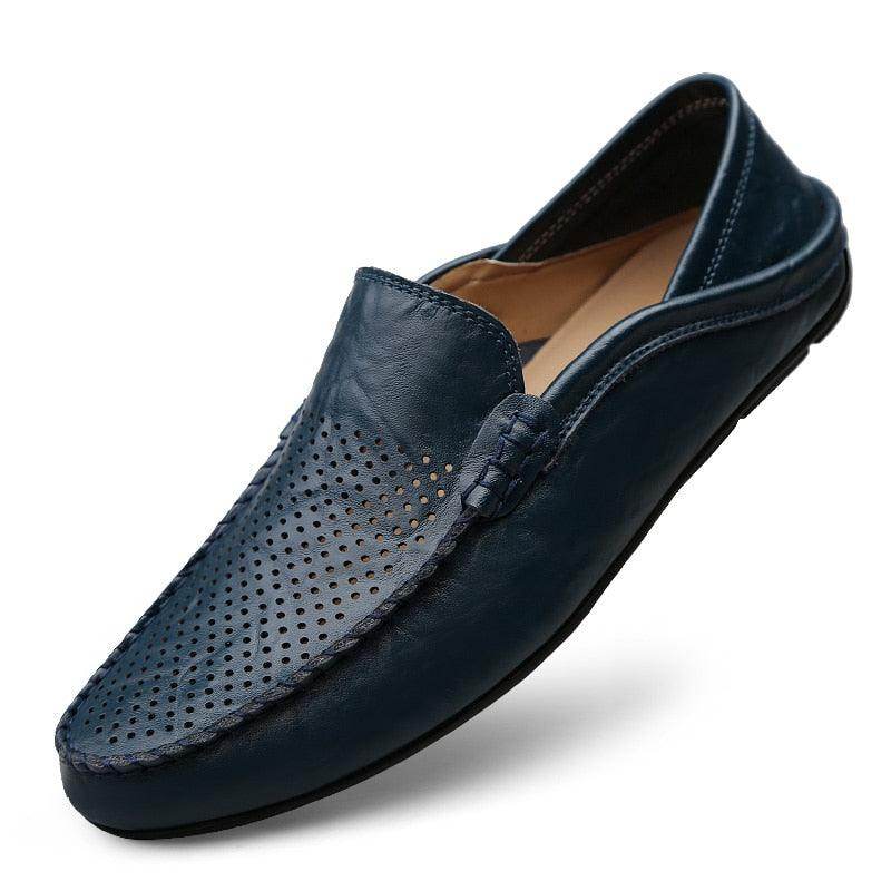 Men's lightweight casual loafers in navy blue with breathable perforated design for comfortable wear