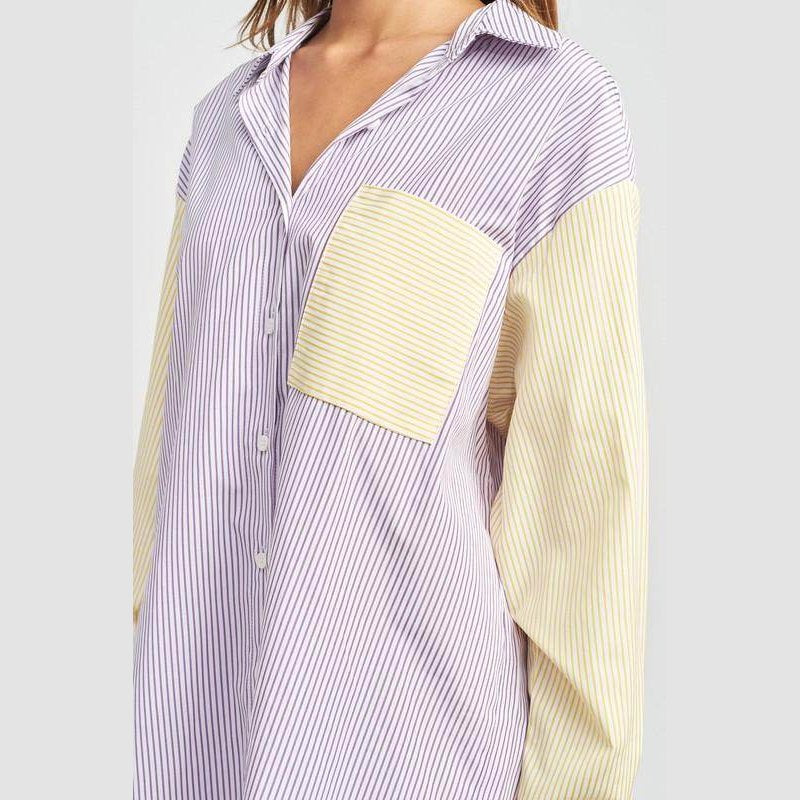Emory Park Women's Casual Loose Fit Shirt with Colorful Stripes and Front Pocket