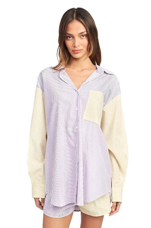 Emory Park Women's Casual Loose Fit Shirt with Stripes and Pocket in Soft Fabric