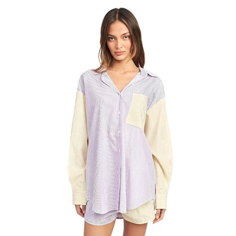 Emory Park Women's Casual Loose Fit Shirt with Stripes and Pocket in Soft Fabric