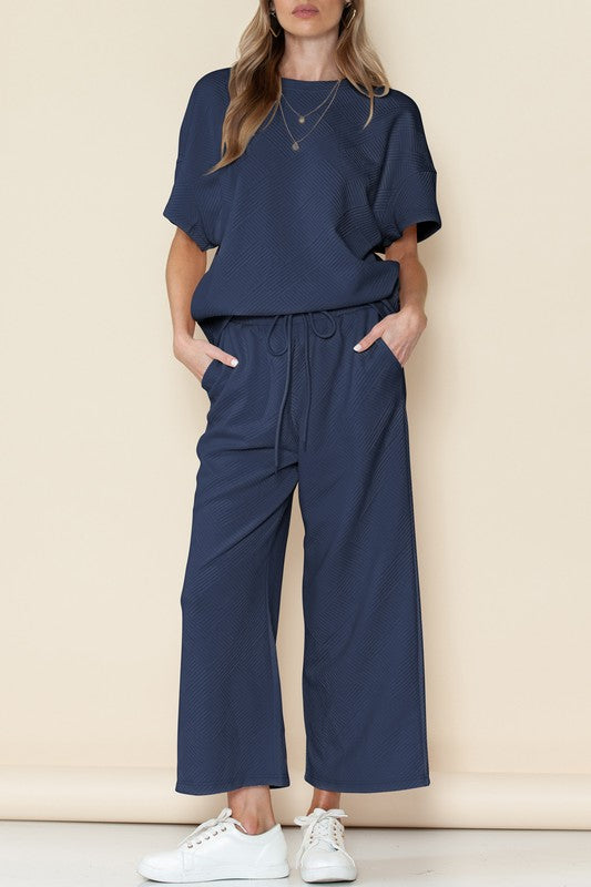 Navy blue casual matching sets for travel with short sleeve top and drawstring wide-leg pants