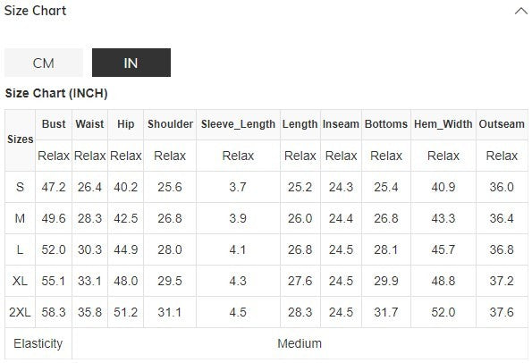 Size chart in inches for SHEWIN INC casual matching sets for travel showing measurements for bust waist hip shoulder and more