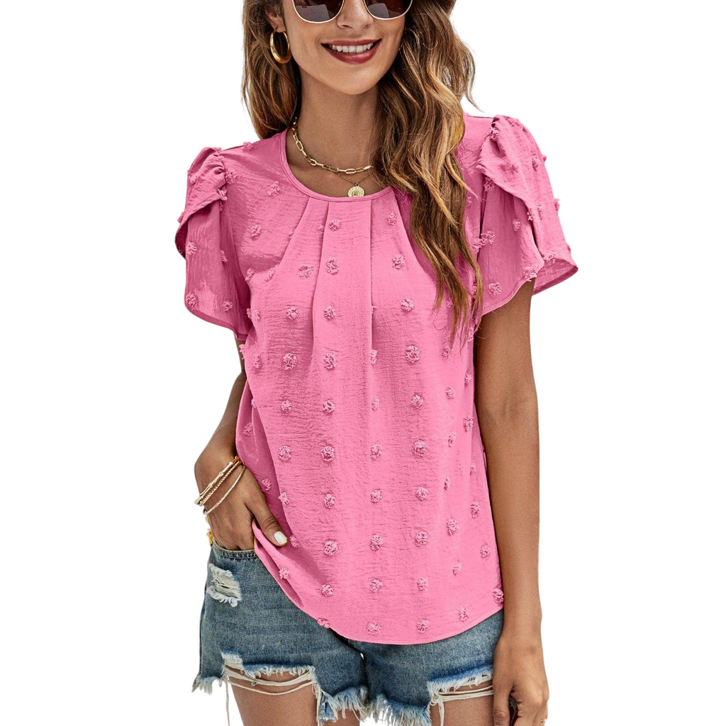 VacationGrabs Casual Pink Swiss Dot Top for Women