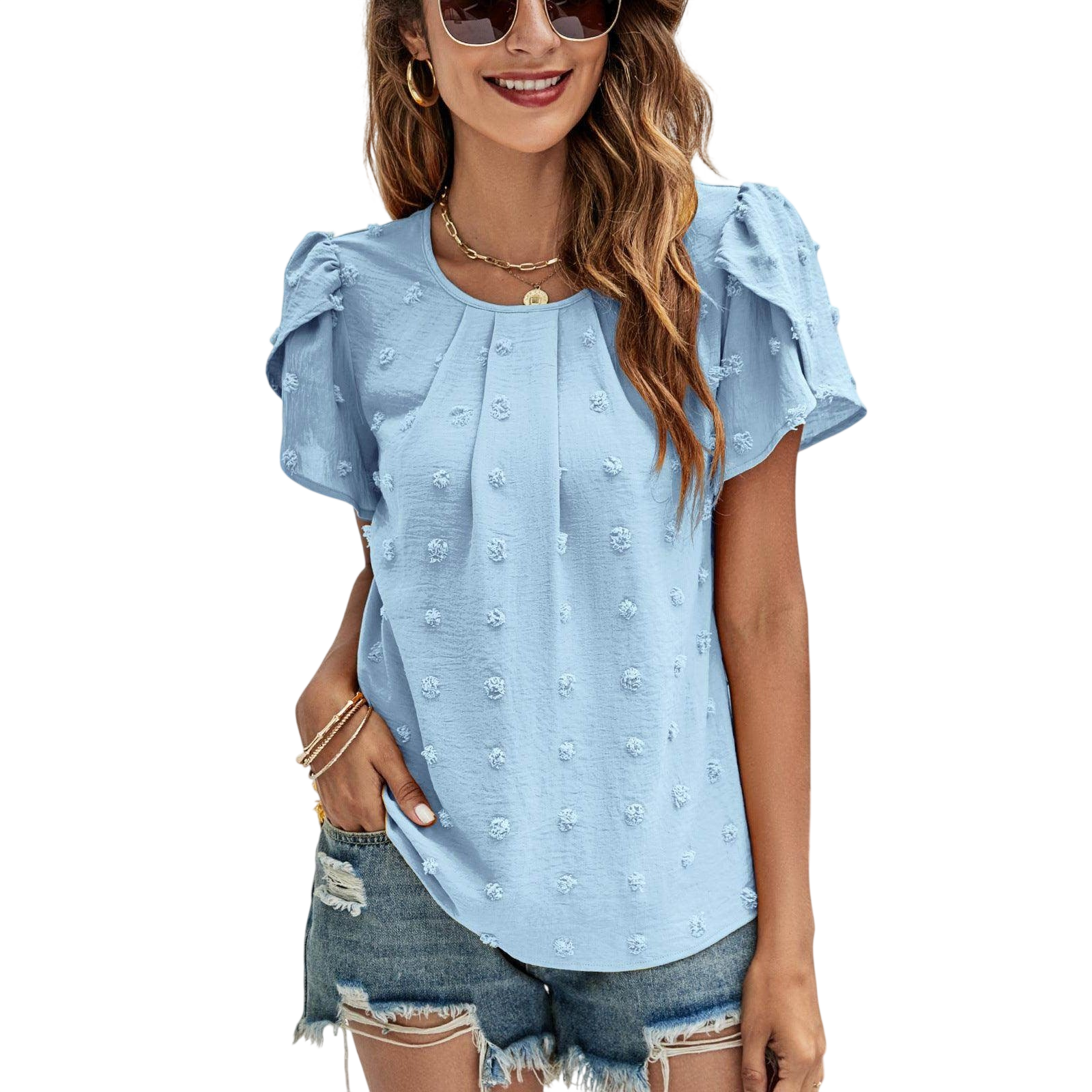 VacationGrabs Casual Pink Swiss Dot Top for Women