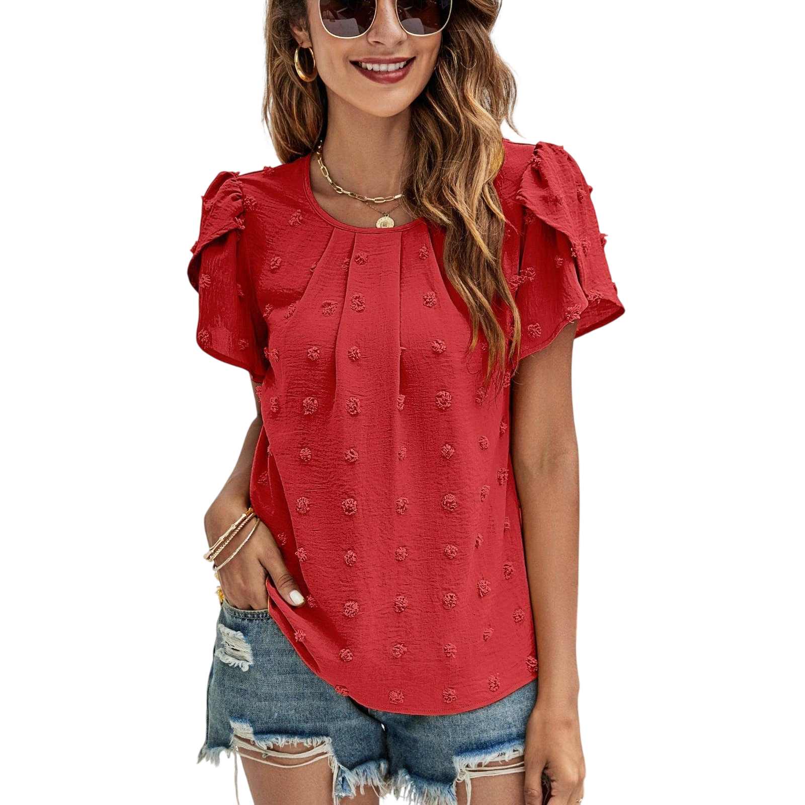 VacationGrabs Casual Pink Swiss Dot Top for Women