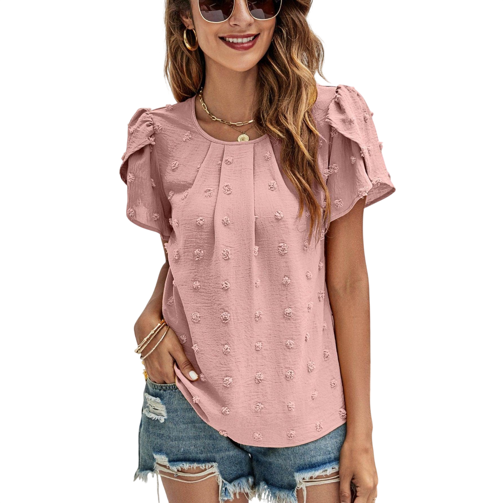 VacationGrabs Casual Pink Swiss Dot Top for Women