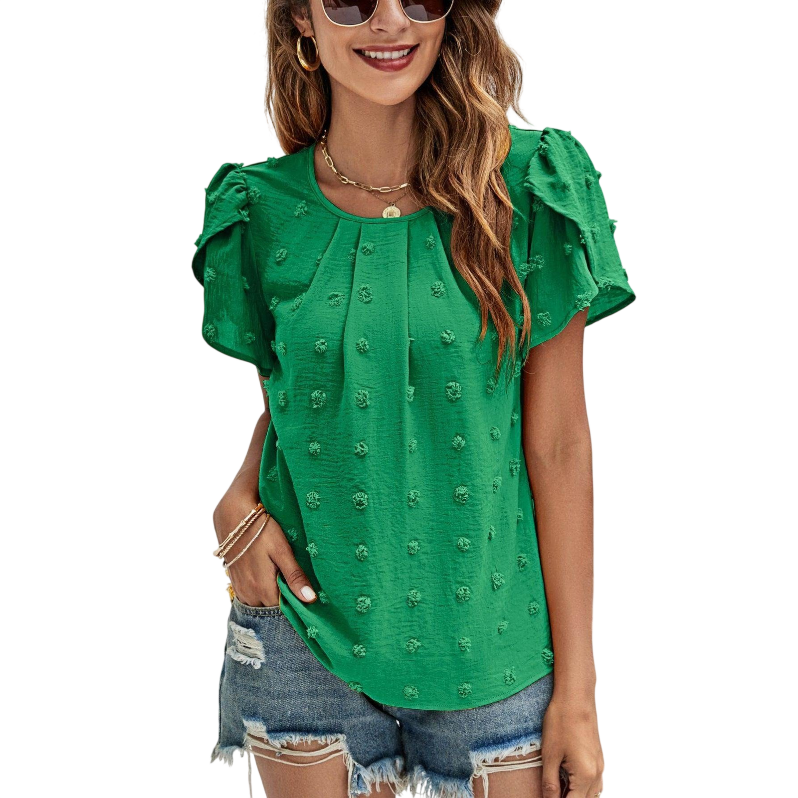 VacationGrabs Casual Pink Swiss Dot Top for Women