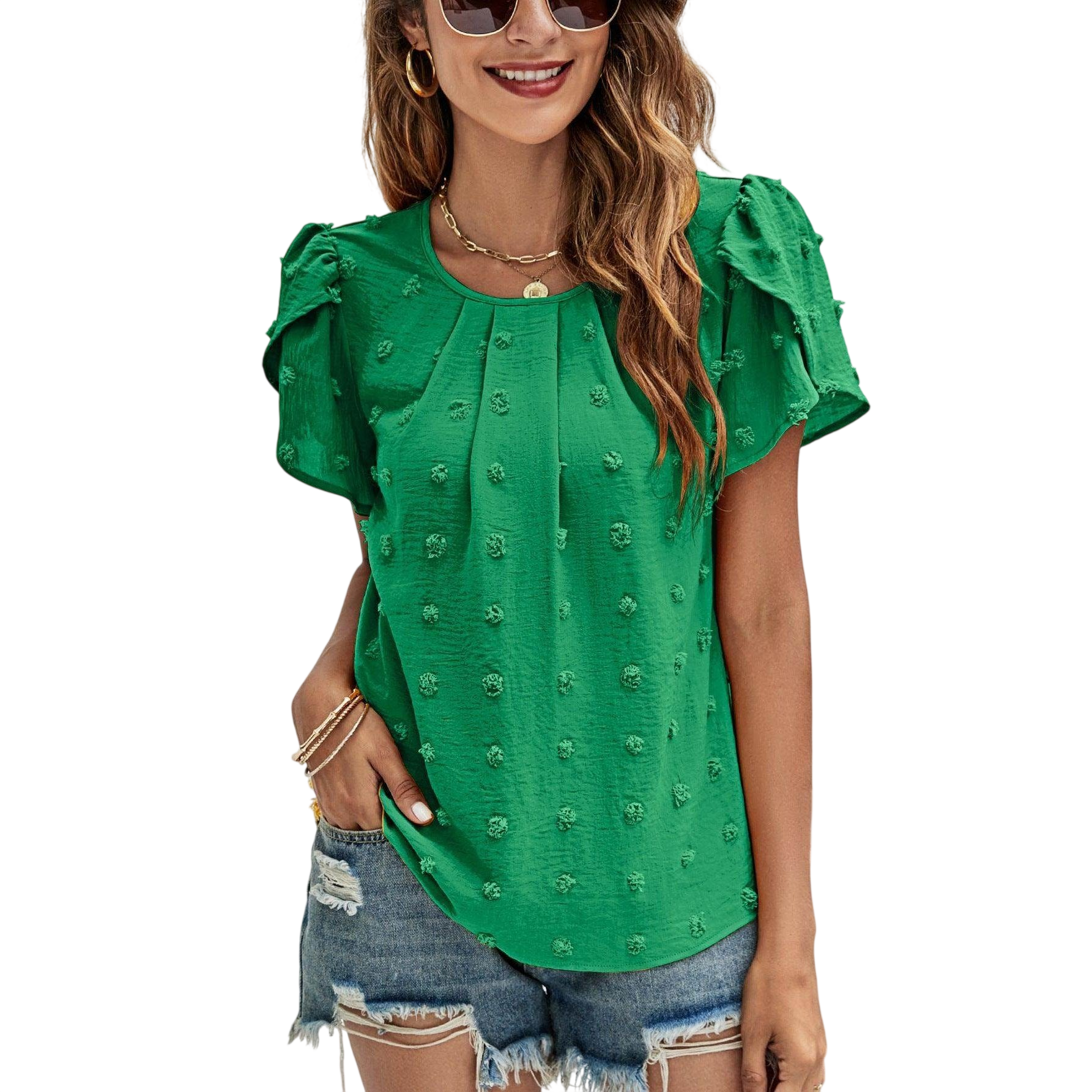 VacationGrabs Casual Pink Swiss Dot Top for Women