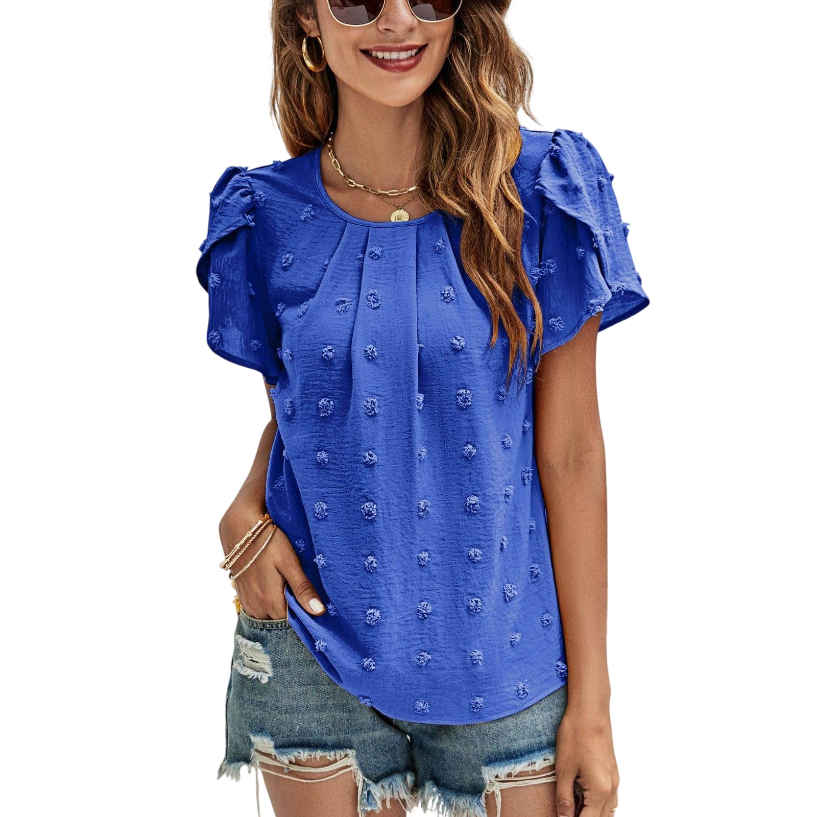 VacationGrabs Casual Pink Swiss Dot Top for Women