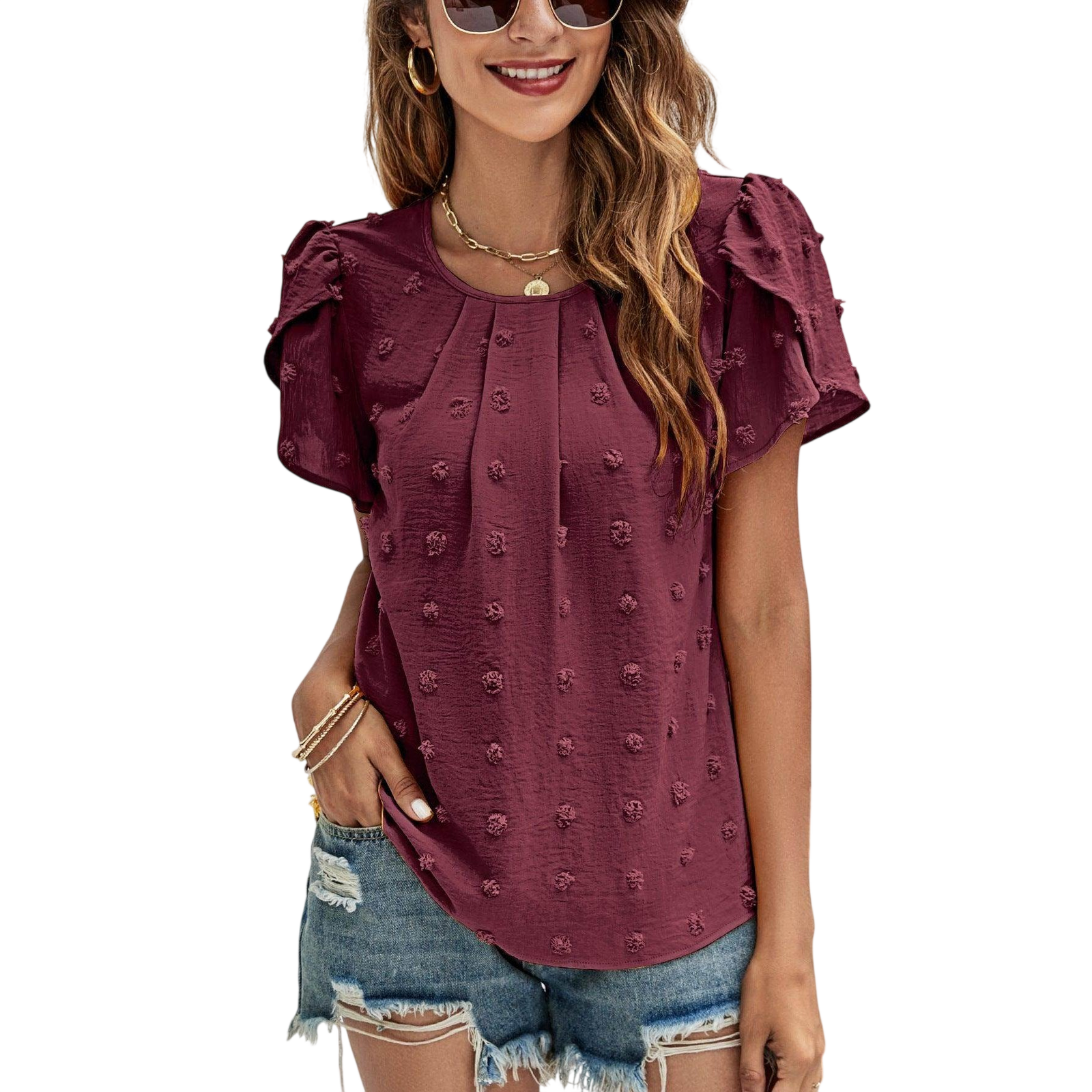 VacationGrabs Casual Pink Swiss Dot Top for Women