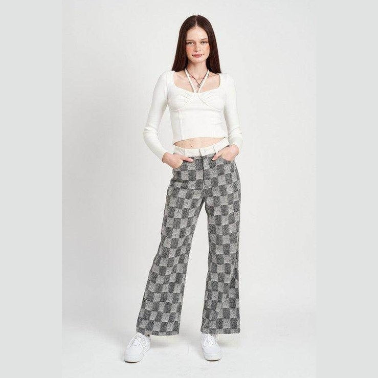 Emory Park women's casual plaid trousers in black and white with a relaxed fit and pockets