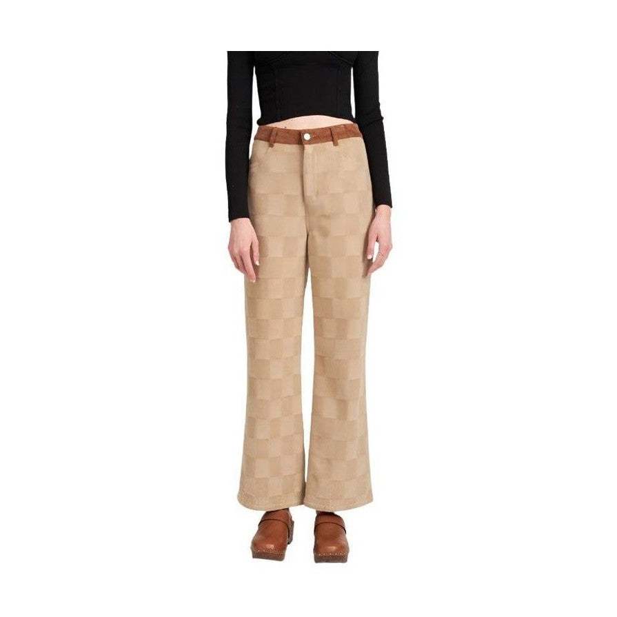 Emory Park Women's Casual Plaid Trousers in Beige with a Flared Leg Design for a Trendy Look