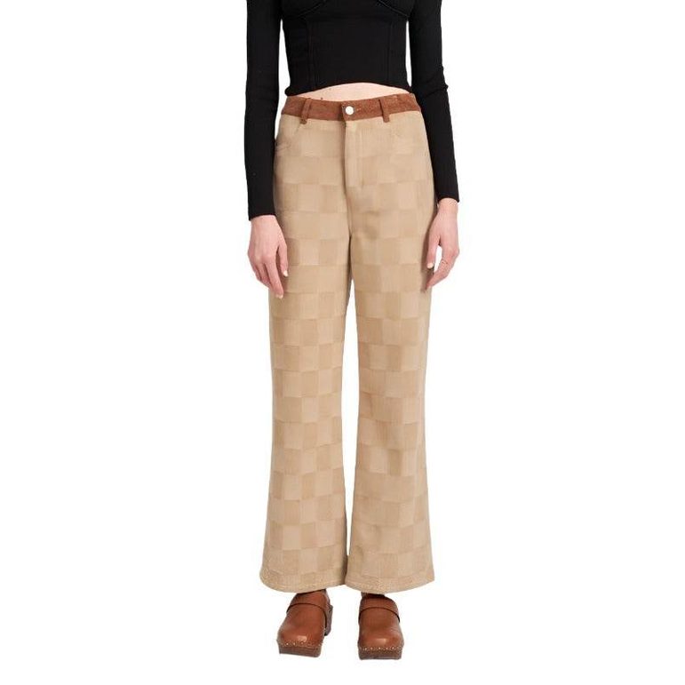 Emory Park Women's Casual Plaid Trousers in Beige with a Flared Leg Design for a Trendy Look