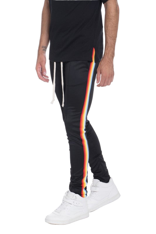 WEIV casual rainbow tape sweatpants in black with multicolor stripe detail and white drawstring