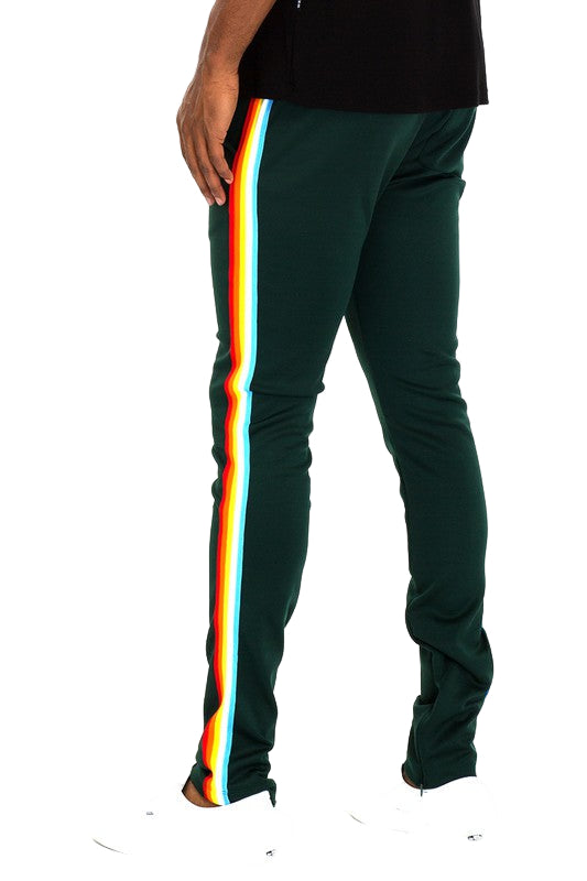 WEIV casual rainbow tape sweatpants in dark green with colorful side stripes and a slim fit design