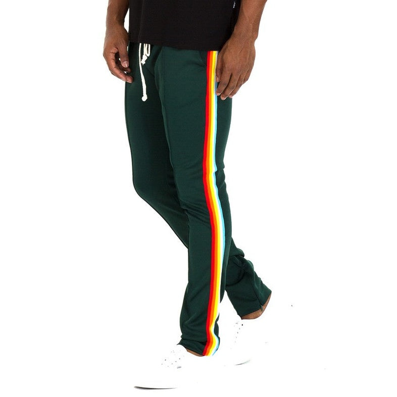 WEIV casual rainbow tape sweatpants in dark green with multicolor side stripes and white drawstring