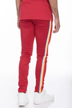 WEIV casual rainbow tape sweatpants in red with rainbow stripe detail on side legs