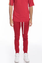 WEIV casual rainbow tape sweatpants in red with white drawstring and slim fit style