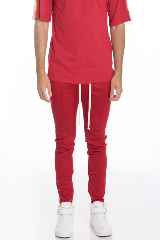 WEIV casual rainbow tape sweatpants in red with white drawstring and slim fit style