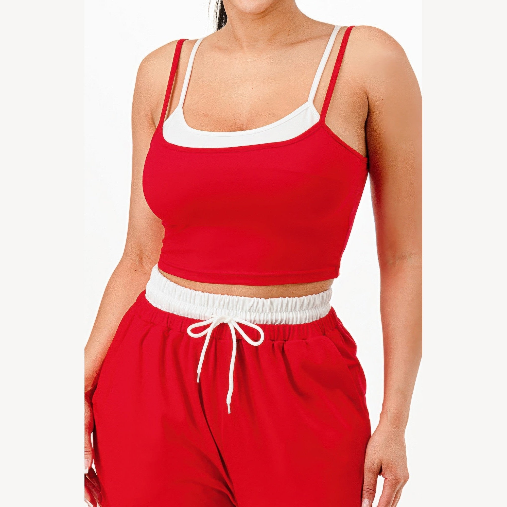 Casual red matching set for women featuring a cropped tank top and drawstring pants by VacationGrabs