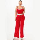 Casual red matching set for women featuring a sleeveless crop top and wide-leg pants by VacationGrabs