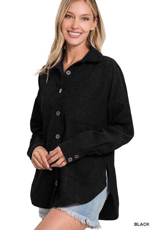 ZENANA Women's Black Casual Shacket for Travel with Button Front and Pocket Detail