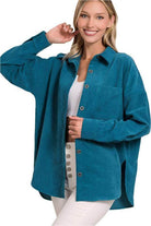 ZENANA teal casual shacket for travel featuring a relaxed fit and button closure