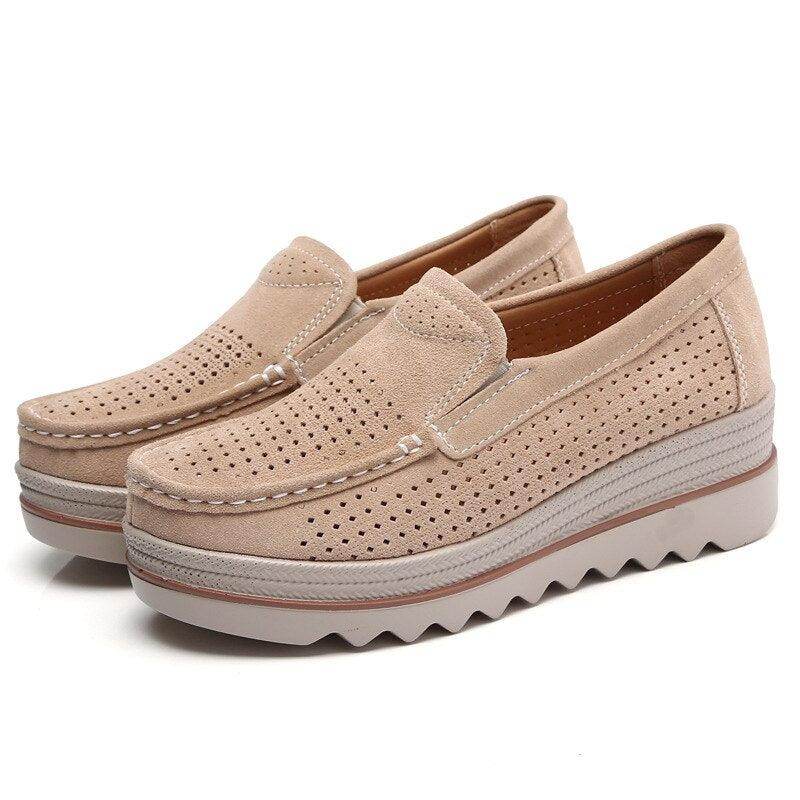 VacationGrabs casual suede leather shoes with perforated design and comfortable wedge sole