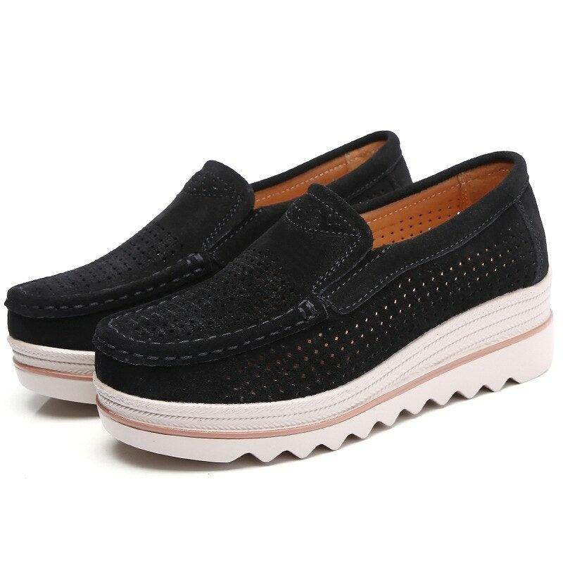 VacationGrabs casual suede leather shoes with perforated design and comfortable platform sole