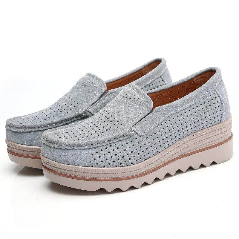 VacationGrabs casual suede leather shoes in light blue with breathable perforations for comfort