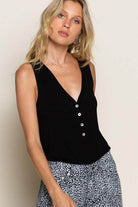 POL Women's Casual Summer Knit Top in Black with Button Detail for Stylish and Comfortable Summer Wear