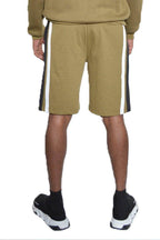 Men's olive green casual summer shorts with side stripes for comfort and style