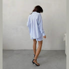 Miss Sparkling casual summer two piece set in light blue striped fabric worn with black heels