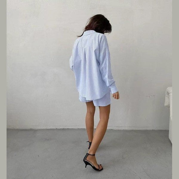Miss Sparkling casual summer two piece set in light blue striped fabric worn with black heels