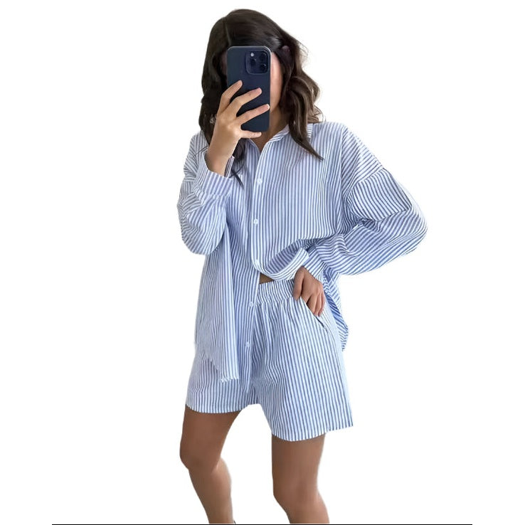 Miss Sparkling casual summer two piece set with blue and white striped button-up shirt and matching shorts