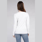 Back view of a ZENANA long-sleeve shirt, a casual travel top for women in white, perfect for everyday wear.