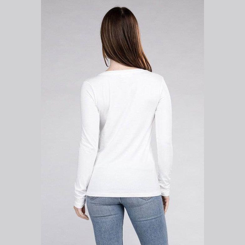 Back view of a ZENANA long-sleeve shirt, a casual travel top for women in white, perfect for everyday wear.
