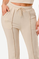 Beige ribbed pants with drawstring waist from casual two piece outfit for summer by VacationGrabs