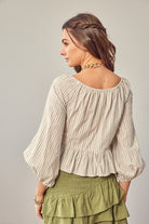 Mustard Seed women's casual vacation blouses with long puff sleeves and striped pattern in neutral tones