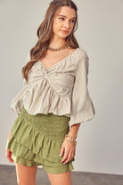 Mustard Seed women's casual vacation blouses with striped puff sleeves and twisted front detail