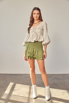Mustard Seed women's casual vacation blouses striped long sleeve peplum top in beige